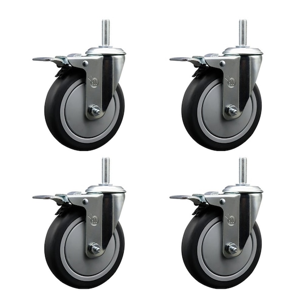 Service Caster 5 Inch Thermoplastic Rubber Swivel 58 Inch Threaded Stem Caster Set with Total Lock Brake SCC-TSTTL20S514-TPRB-58212-4 - main